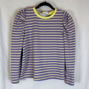 AnnieWear Los Angeles Striped‎ Pullover Top Puff Sleeve Lavender Yellow